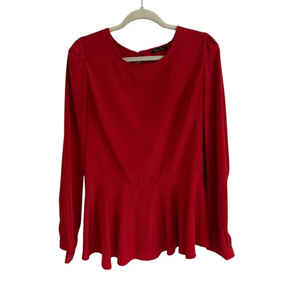 Honey Punch Tops - Honey Punch Red Satin Feel Blouse Large Ruffle Hem Long Sleeve Keyhole